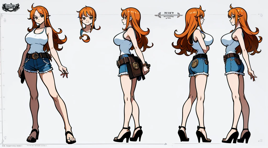 ((Best Quality)), ((Masterpiece)), (((detailed character sheet, frontal view, side view, three quarter view))) white background、one piece、US、whole body、whole bodyイラスト、whole bodyアニメーション、whole bodyリファレンスシート、denim、Tank top、High heels、Swimwear、比基尼、original、New World、Long Hair、Orange Hair、Tattoo on left arm、Ring belt、Heighten your head、smile、Cute face、Big Breasts、Narrow waist、Long legs、Beautiful feet、9 heads、slender、Slender、Slimming、Dress code、Stylish、formal、casual、Mr.々Clothes