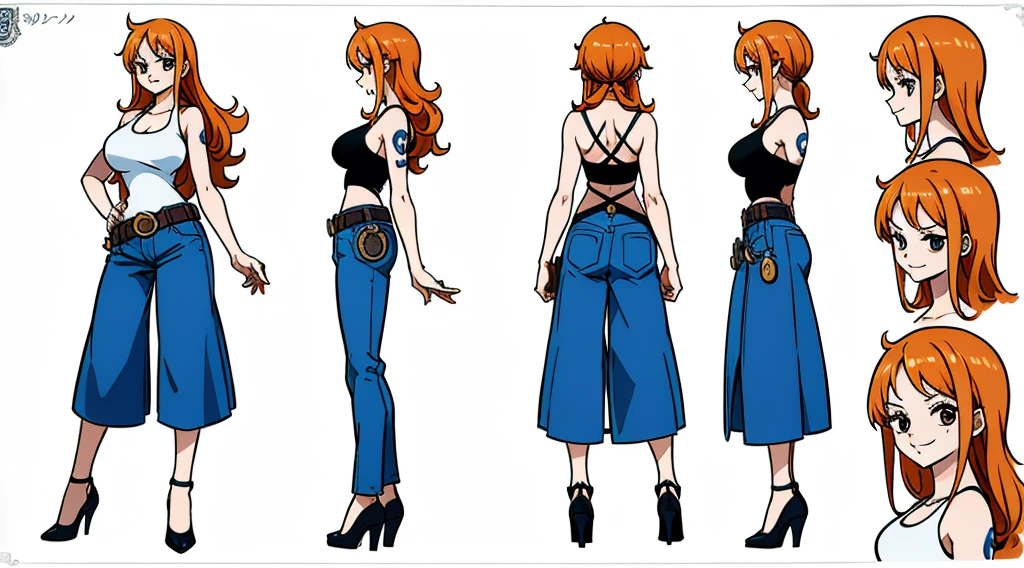 ((Best Quality)), ((Masterpiece)), (((detailed character sheet, frontal view, side view, three quarter view))) white background、one piece、US、whole body、whole bodyイラスト、whole bodyアニメーション、whole bodyリファレンスシート、denim、Tank top、High heels、Swimwear、比基尼、original、New World、Long Hair、Orange Hair、Tattoo on left arm、Ring belt、Heighten your head、smile、Cute face、Big Breasts、Narrow waist、Long legs、Beautiful feet、9 heads、slender、Slender、Slimming、Dress code、Stylish、formal、casual、Mr.々Clothes