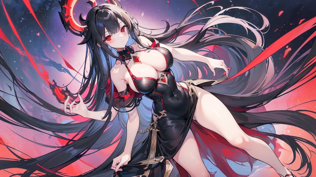 (Exquisite eyes),(Clear and beautiful eyes:1.61),masterpiece, ung girl,(Black clothes and some red gems), Black long hair, (She has a huge red gem on her chest), Good Hand,((The Havoc of StarCraft)),full-body shot,Fighting Stance,(Red Eyes:1.466),short and small,(Very big breasts:1.35),(Pretty Face),(full-body shot:1.33),Beautiful hands