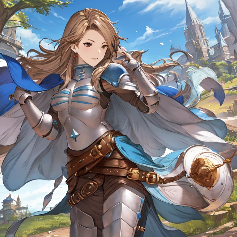 katalina (granblue fantasy), armor, gauntlets, belt, breastplate, shoulder armor, cape, pauldrons, pants, forest, city 