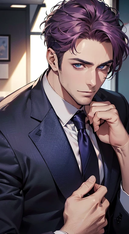 (best quality,4k,8k,highres,masterpiece:1.2),ultra-detailed,(realistic,photorealistic,photo-realistic:1.37),1 man,31 years old,mature man,very handsome,without expression,smile,short purple hair,blue eyes,penetrating gaze,perfect face without errors,imposing posture,businessman,office background,cinematic lighting,hdr image