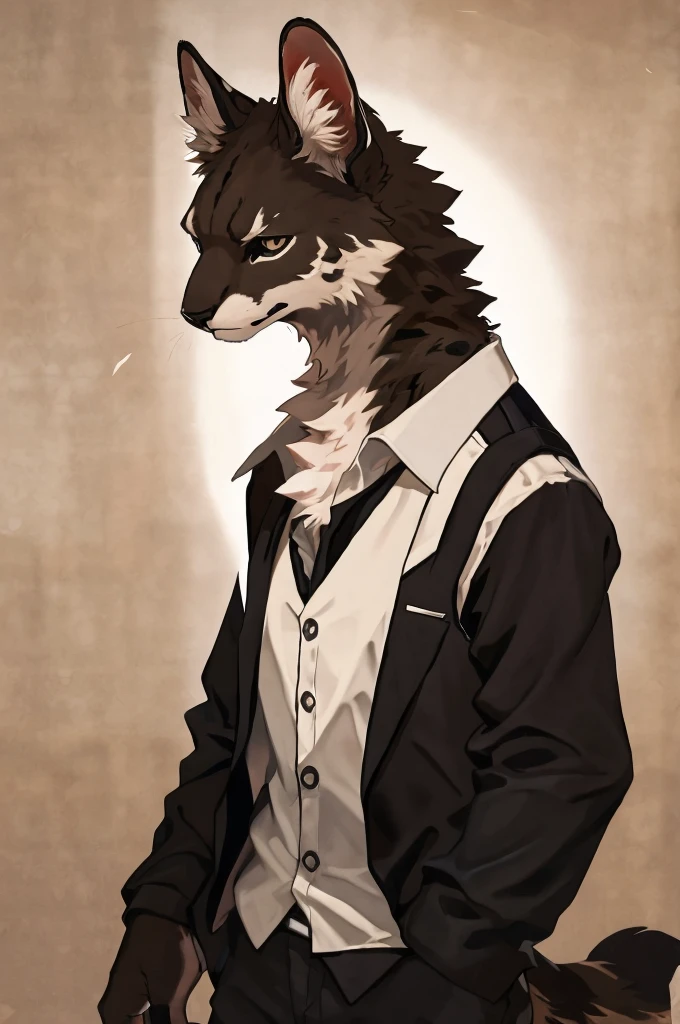 ocelot, blackfur on entire body, uploaded on e621, solo, slim build with ((neck tuft)) and (fluffy tail), (( fullbody)), BREAK, (detailed Kogito), BREAK, [realistic proportions], [sharp focus], (questionable content), (shaded), ((masterpiece)), BREAK, wearing white button up shirt, black sweater vest, dark tan pants, fancy