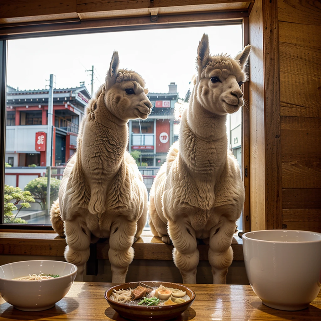 an alpaca in the Japanese Ramen shop. daytime , sit by the window, tonkotsu ramen and gyoza on the table