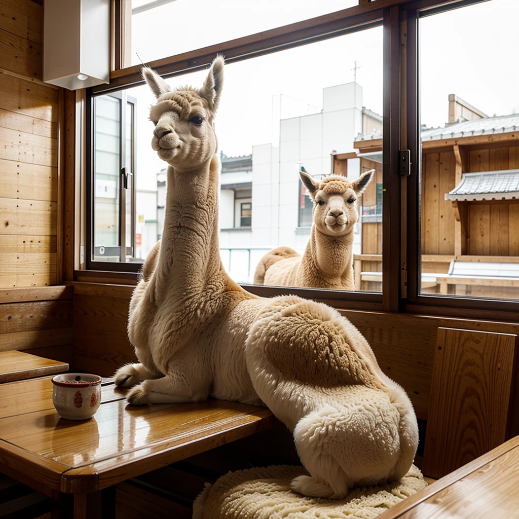 an alpaca in the Japanese Ramen shop. daytime ,  sit by the window,  tonkotsu ramen and gyoza on the table