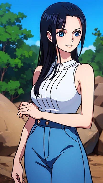 Nico robin, 1girl, solo, looking at viewer, cowboy shot, smiling, black hair, open hair, blue cerulean eyes, one piece nico robin, side bangs, out doors background, golden, cowboy clothes, cowboy style