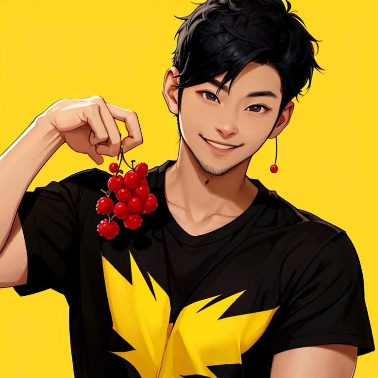 Man in his 30s、((Berry Shortcut))、Black Hair、Yellow background、Portrait、Looking at me、T-Shirts、smile