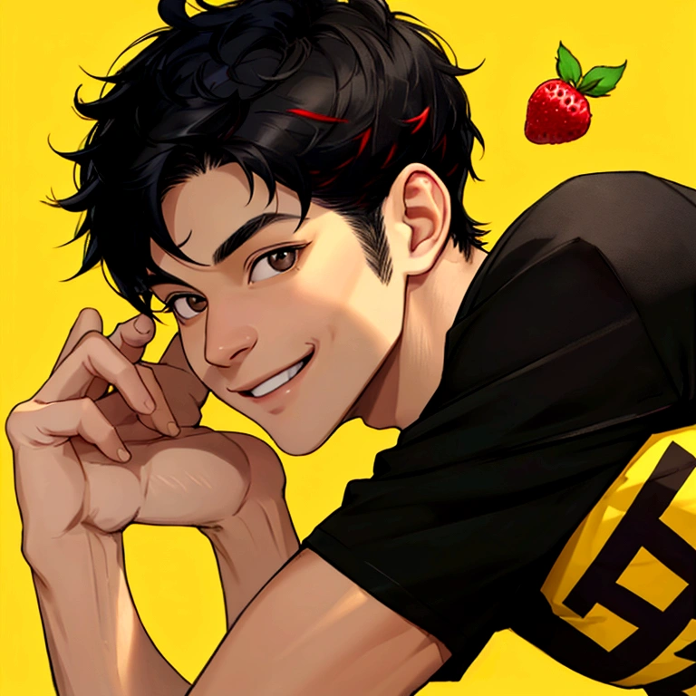 Man in his 30s、((Berry Shortcut))、Black Hair、Yellow background、Portrait、Looking at me、T-Shirts、smile