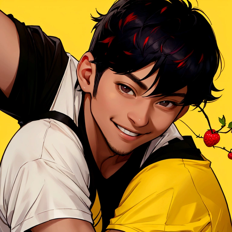 Man in his 30s、((Berry Shortcut))、Black Hair、Yellow background、Portrait、Looking at me、T-Shirts、smile