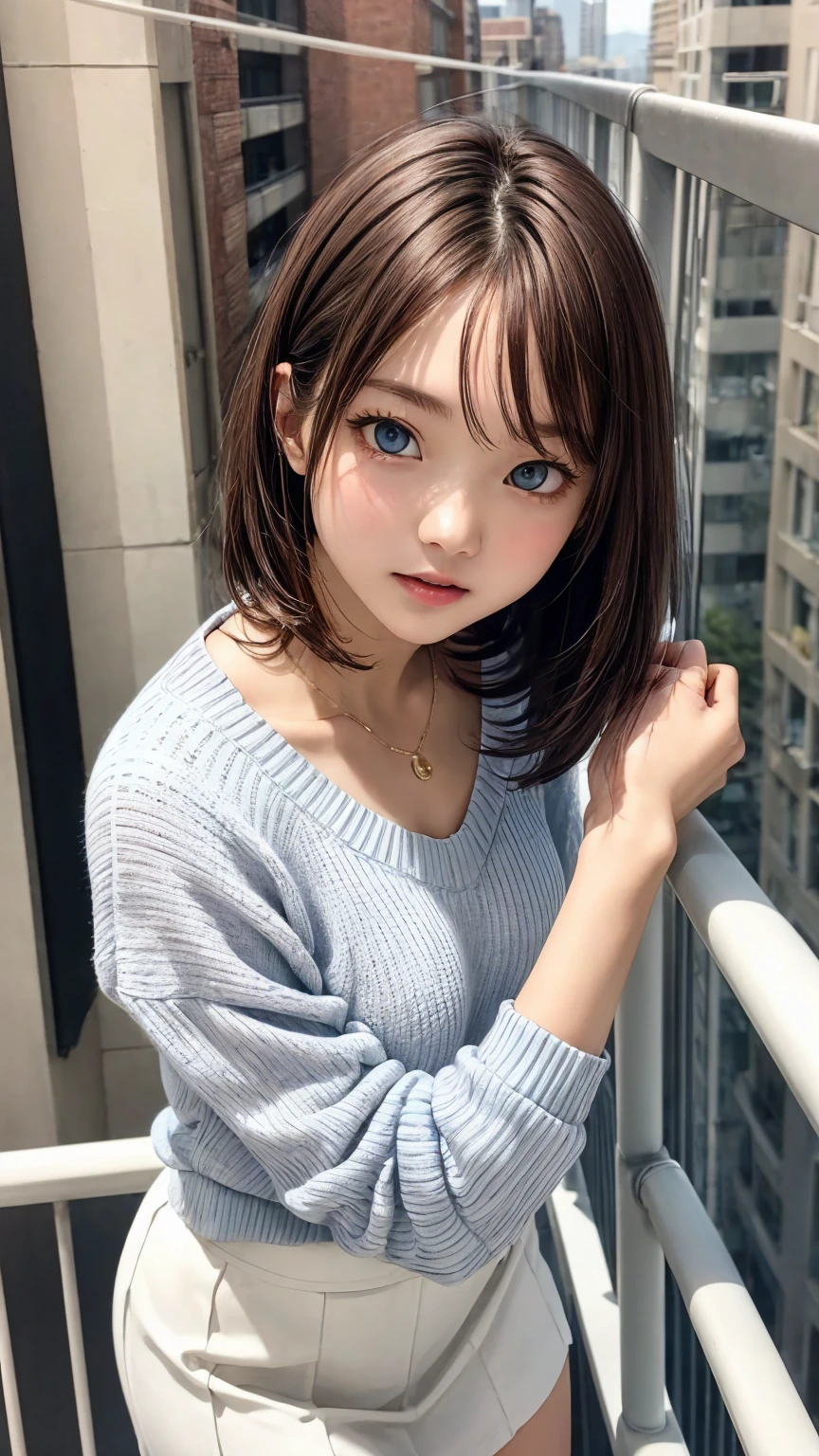 Young wife hanging out laundry on the balcony、Super detailed、Particles of light:0.5、Shiny and smooth skin texture、Put your hands on the railing、Beautiful clear blue eyes、dorsal position、Mouth half open、Natural Texture、Short Hair、、Mature slender beauty、Small breasts、Dignified face、A soft sweater and a white skirt