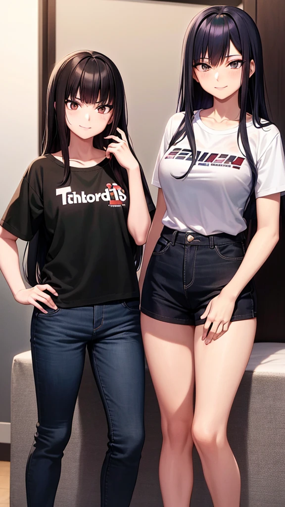 Screenshot of anime manga version of 16-year-old girl with black hair and white highlights, long and wavy, black eyes, dressed in casual clothes and smiling sadly, Together with Bakugo Katsuki and Shoto Todoroki kissing on a bed Boku No Hero Academia