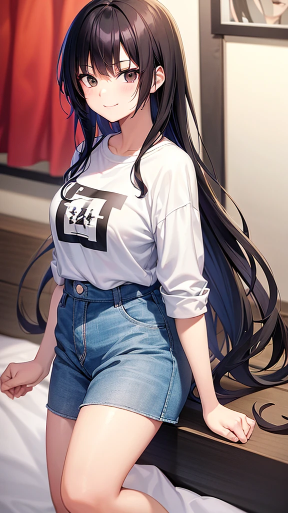 Screenshot of anime manga version of 16-year-old girl with black hair and white highlights, long and wavy, black eyes, dressed in casual clothes and smiling sadly, Together with Bakugo Katsuki and Shoto Todoroki kissing on a bed Boku No Hero Academia