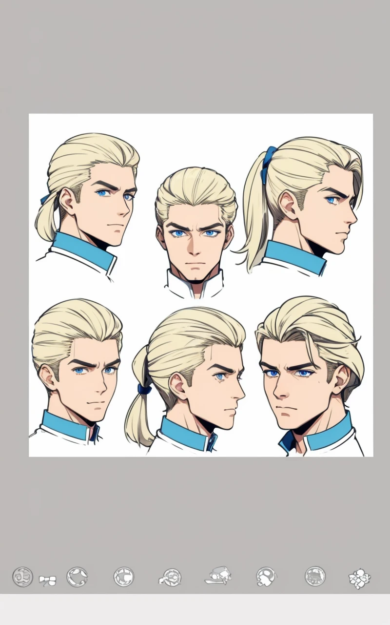 Design a handsome blonde ponytail hair man with blue eyes (face poses)