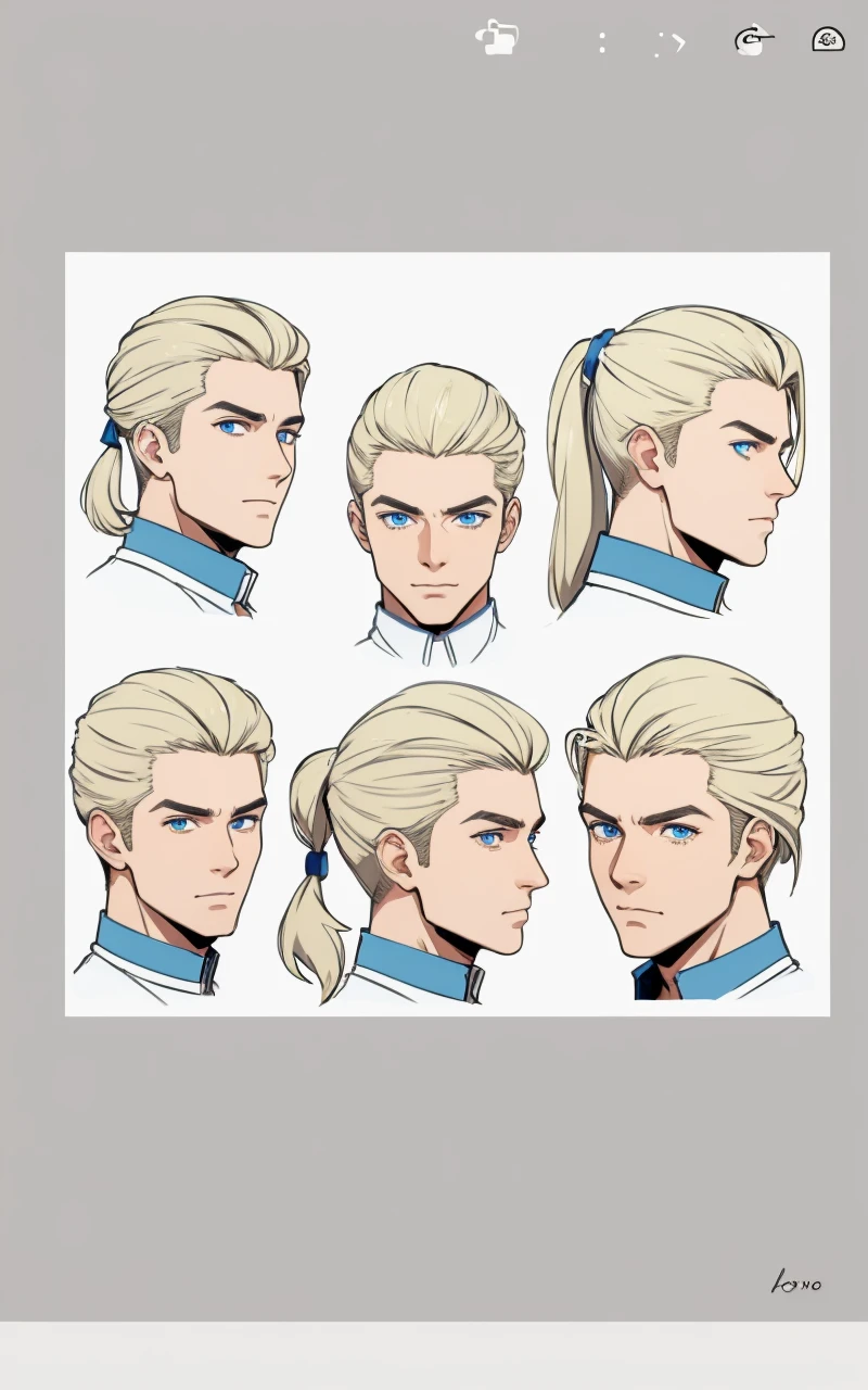 Design a handsome blonde ponytail hair man with blue eyes (face poses)