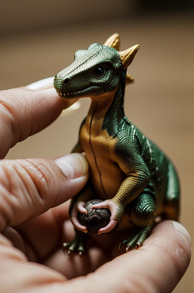 A very realistic, real animal ,very tiny dinosaur on a finger. Macro camera, cinematic lens, dof. No toy, no plastic, real fur animal