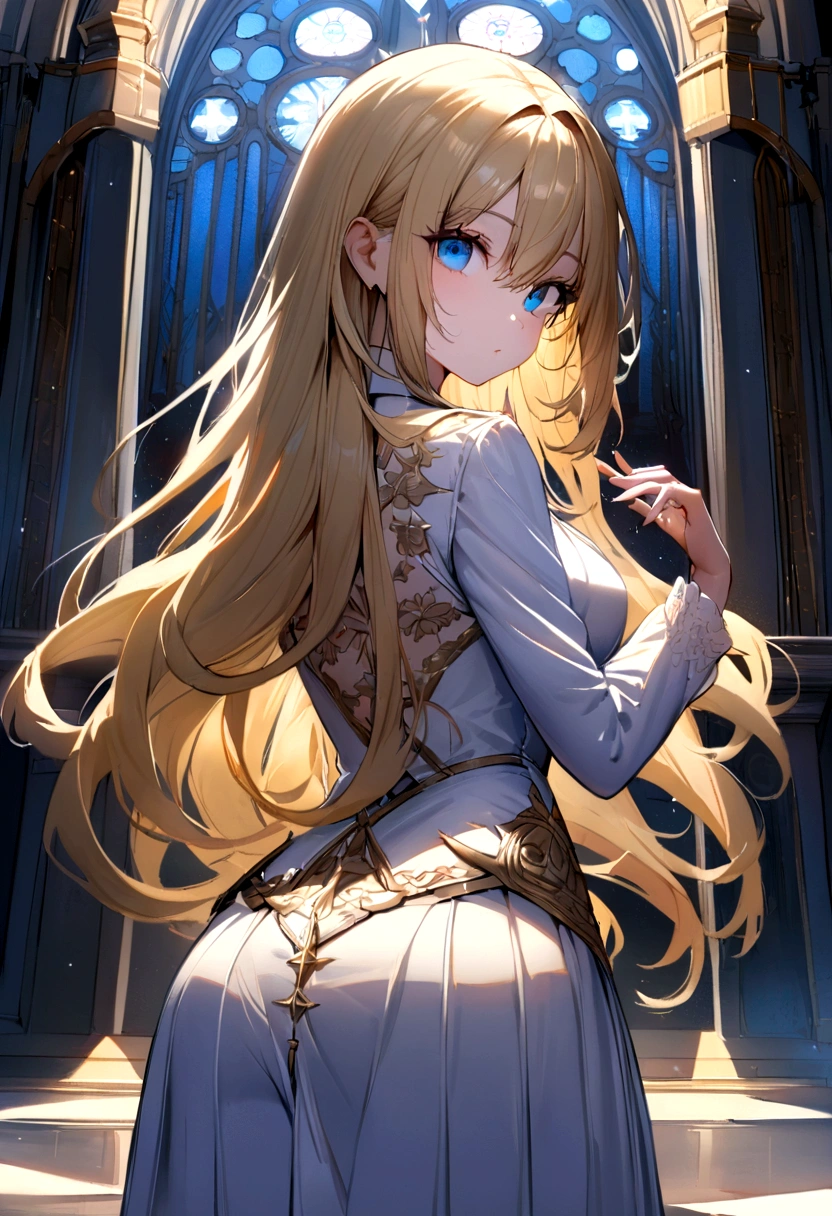 (Highest quality)(1 woman,single,long hair,golden hair,blue eyes,sexy figure ,White suit shirt,white skirt,Turn to look at the viewer,ยืนอยู่ในa church,Beautiful lighting.(a church, see mirror, Detailed background (little light pollution)) look back