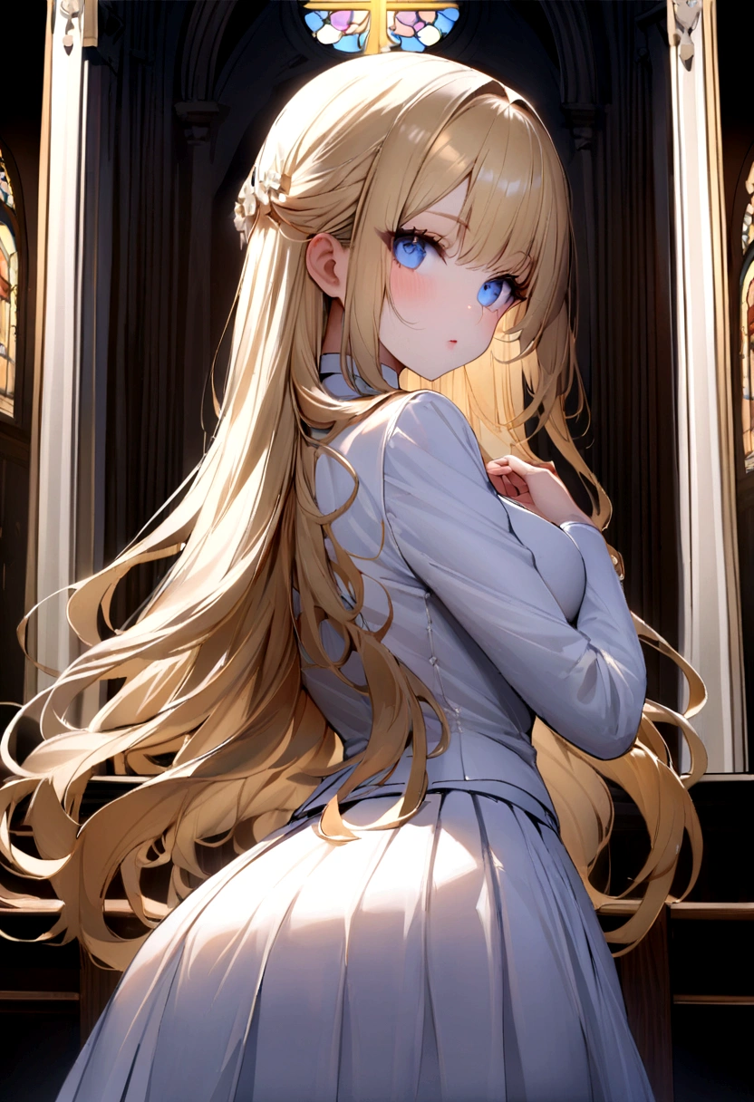 (Highest quality)(1 woman,single,long hair,golden hair,blue eyes,sexy figure ,White suit shirt,white skirt,Turn to look at the viewer,ยืนอยู่ในa church,Beautiful lighting.(a church, see mirror, Detailed background (little light pollution)) look back