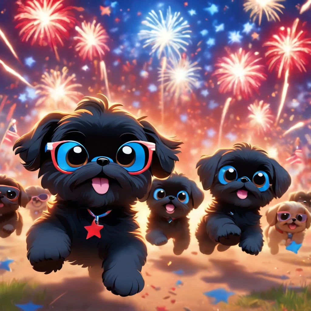 2 adorable small black shih tzu puppies, wearing bright bandanas and sunglasses, painting and making a mess, disney background, 3d cartoon, 3d render, disney pixar style, intricate details, soft lighting, vibrant colors, whimsical, photorealistic, 8k, best quality