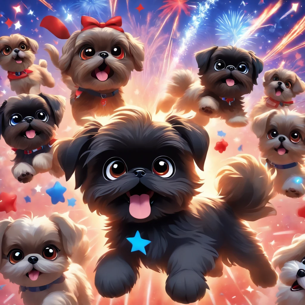 2 Adorable small happy black Shih Tzu puppies chasing paws out wearing sunglasses fourth of July picnic fireworks red white and blue background
Pixar 3D cartoon
