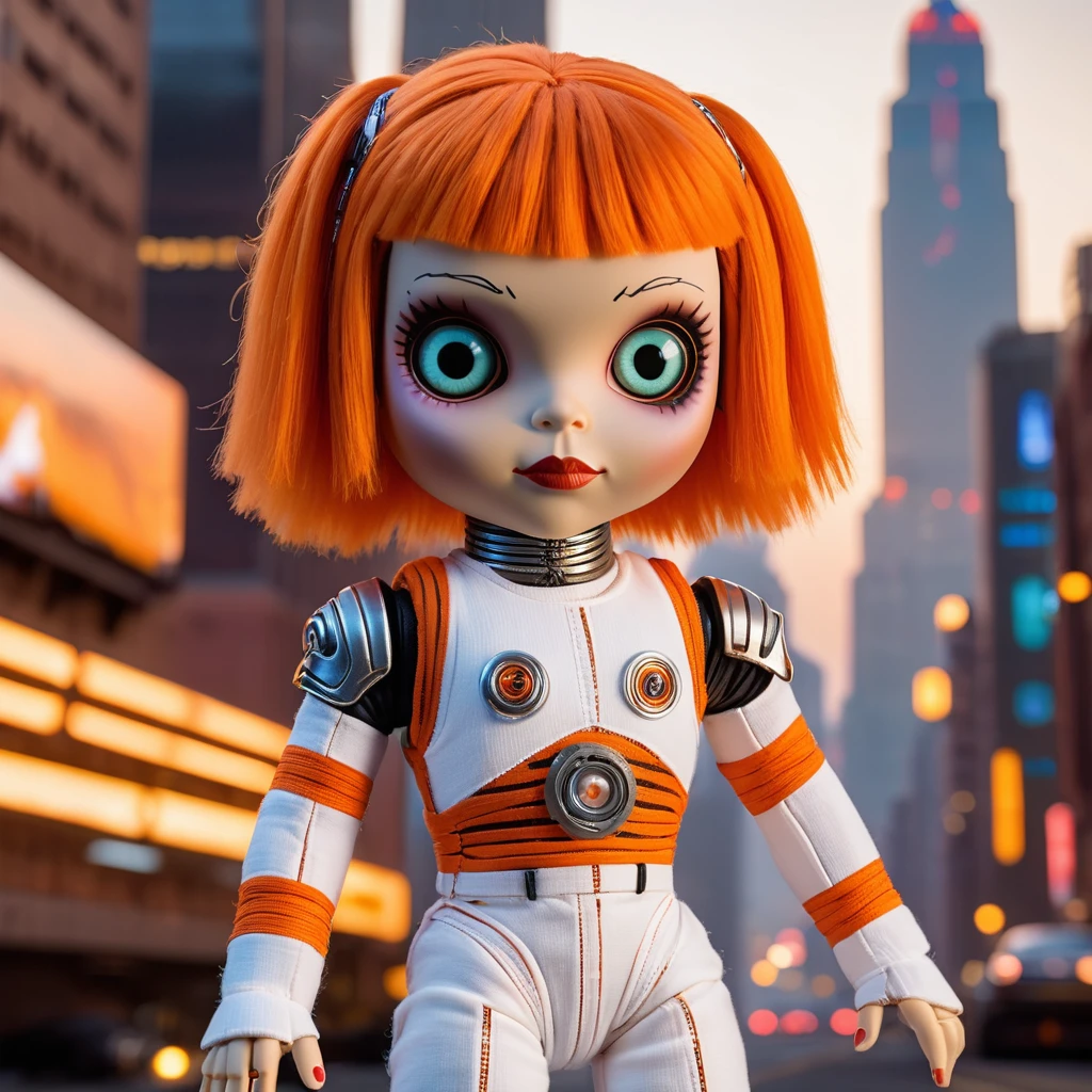 (knitted toy voodoo doll:1.5), (Voodoo Doll as Leeloo from The Fifth Element:1.3), (Clothing: iconic white bandage outfit with orange suspenders:1.0), (Accessories: enchanted multi-pass emitting a futuristic glow, floating alien artifacts:1.1), (background: futuristic cityscape with flying cars, glowing skyscrapers, and an otherworldly atmosphere:1.2), best quality, masterpiece, detailed soft oil painting, detailed background, dramatic cinematic lighting, soft edge lighting, professional, dramatic lighting, hard edge lighting, ultra quality, 4k, masterpiece, best quality, 8k, ultra high definition, high resolution, extremely detailed