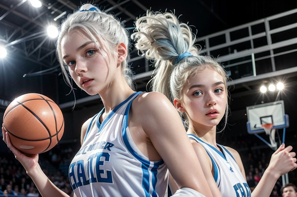 14 year old girl with white hair up, light blue eyes, White skin , lifting a basketball trophy 