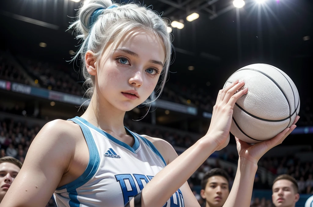 14 year old girl with white hair up, light blue eyes, White skin , lifting a basketball trophy