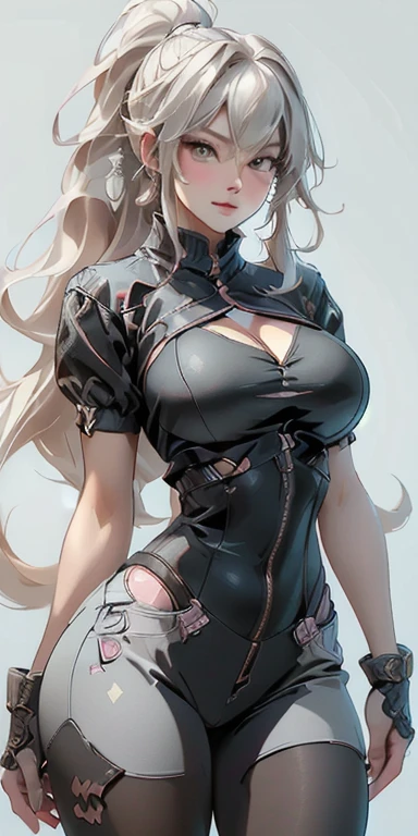 (((Full and soft breasts,)))(((Huge breasts)))((((Cleavage)))))) (Perfect curvy figure)(Not suitable for working hours:0.4),(masterpiece,best quality,Extremely detailed,high resolution,illustration:1.2),Extremely detailed的壁纸,Official Art, Astonishing,High Detail,Extremely detailed,Extremely detailed 8k wallpaper,(role conception),(Simple background, White background: 1.3),(1 Girl),(Solitary),(Young Girls:1.2),(Tights),Perfect anatomical structure,Pretty Face,Ponytail hairstyle,Large Breasts,Cowboy shooting,permanent,Looking at the audience