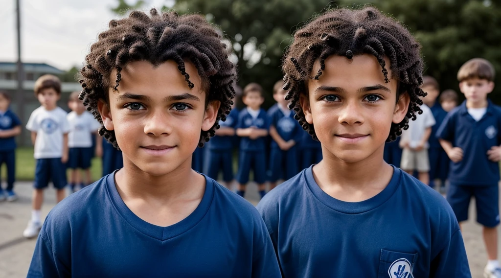 Photorealistic representation of a -yeld boith curly blond hair, bangs covering his forehead and large, expressive blue eyes. The boy is partially dressed in a navy blue , consisting of a long-sleeved shirt and matching pants. He is dancing hip hop in the school yard. The hopeful and melancholy atmosphere. Depicting the mid-90s, meticulously capturing the other kids watching in the background.