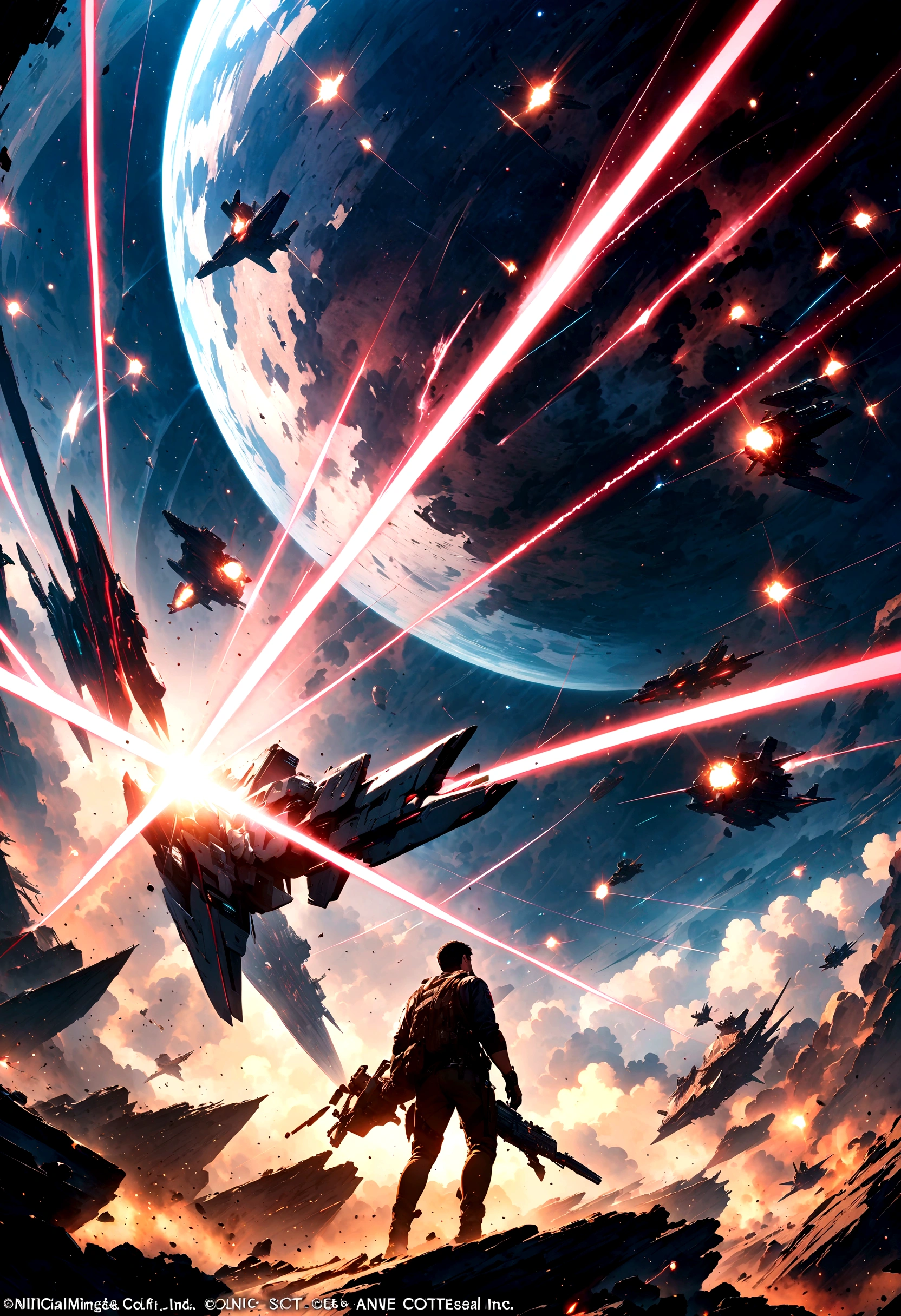 (masterpiece, top quality, best quality, official art, beautiful and aesthetic:1.2), cinematic shot, space warship, war, shooting laser beam, Hollywood sci-fi movie, epic composition, epic proportion, space background, HD