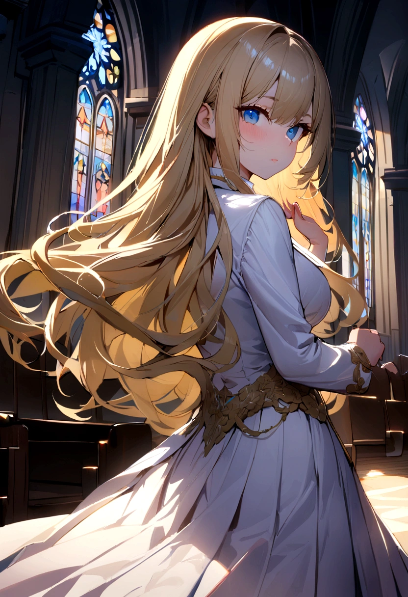 (Highest quality)(1 woman,single,long hair,golden hair,blue eyes,sexy figure ,White suit shirt,white skirt,Turn to look at the viewer,ยืนอยู่ในa church,Beautiful lighting.(a church, see mirror, Detailed background (little light pollution)) look back สวยสง่า