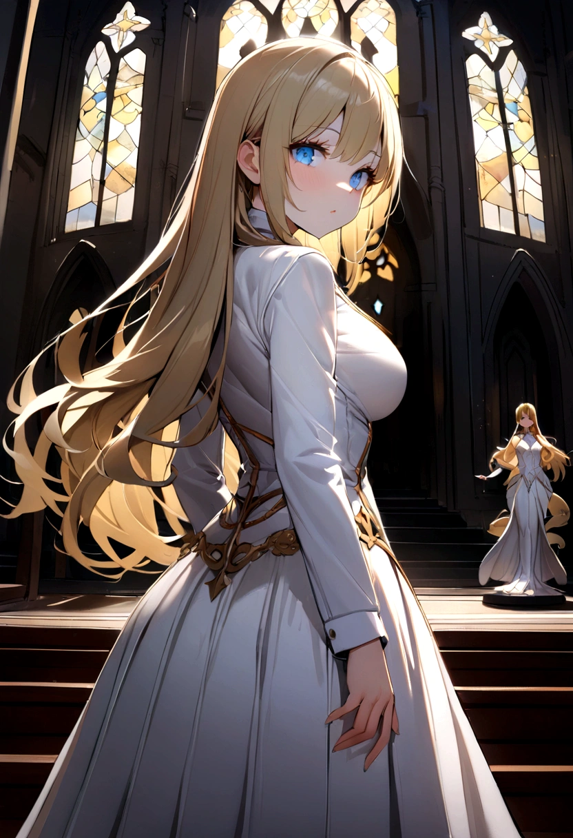 (Highest quality)(1 woman,single,long hair,golden hair,blue eyes,sexy figure ,White suit shirt,white skirt,Turn to look at the viewer,ยืนอยู่ในa church,Beautiful lighting.(a church, see mirror, Detailed background (little light pollution)) look back สวยสง่า