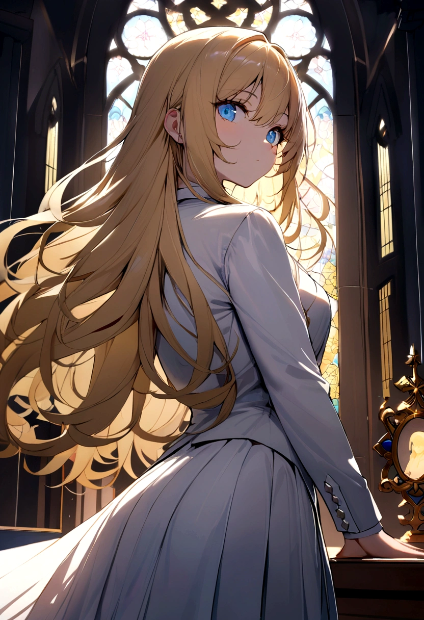 (Highest quality)(1 woman,single,long hair,golden hair,blue eyes,sexy figure ,White suit shirt,white skirt,Turn to look at the viewer,ยืนอยู่ในa church,Beautiful lighting.(a church, see mirror, Detailed background (little light pollution)) look back สวยสง่า