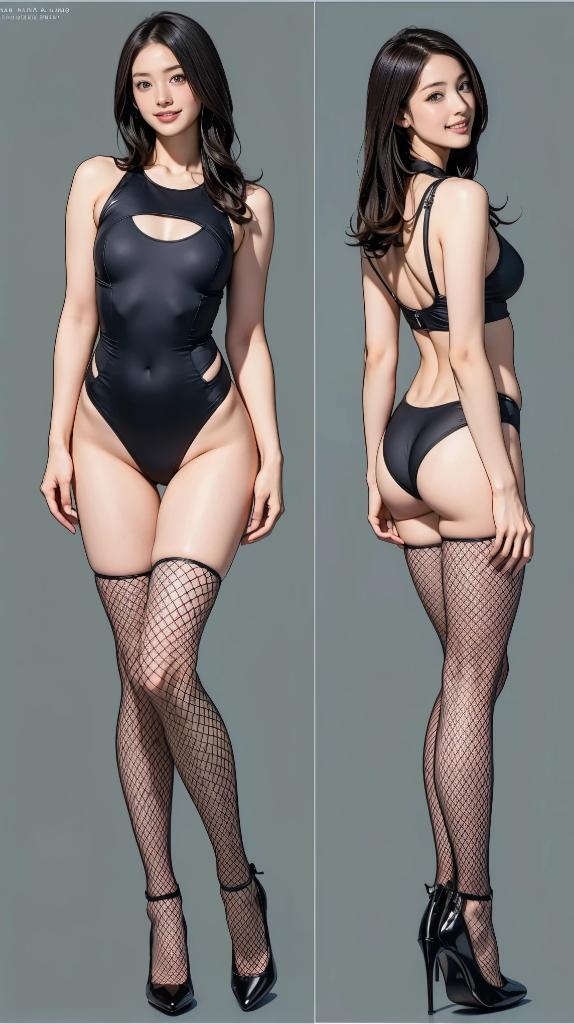 ((masterpiece)),(((Highest quality))),((Character design sheet)),Thin thighs,Long legs,Bunny girl:1.5，wearing black fishnet tights:1.5，The best smile:1.5，Full Body Shot:1.5，Gray background:1.5，Wearing black high heels:1.5，Wearing a black high-cut swimsuit:1.5，