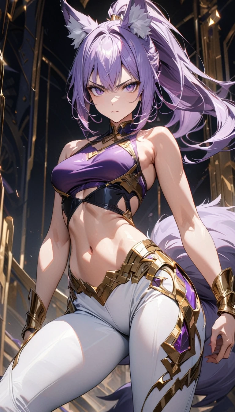 Adult woman, short purple hair, high ponytail, fox ears, purple eyes, fox tails, small muscles, white tight pants, purple tight top, sleeveless, open belly, wide neckline, golden elements, serious look, Masterpiece, best quality, Full HD, 8k, ultra details, great graphic