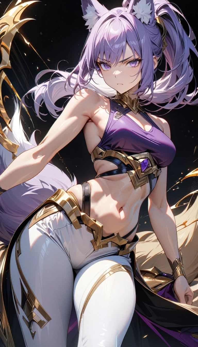 Adult woman, short purple hair, high ponytail, fox ears, purple eyes, fox tails, small muscles, white tight pants, purple tight top, sleeveless, open belly, wide neckline, golden elements, serious look, Masterpiece, best quality, Full HD, 8k, ultra details, great graphic