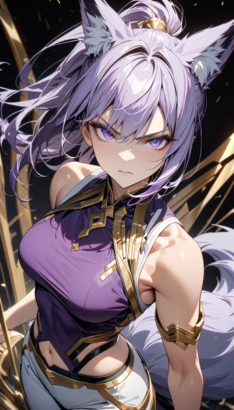Adult woman, short purple hair, high ponytail, fox ears, purple eyes, fox tails, small muscles, white tight pants, purple tight top, sleeveless, open belly, wide neckline, golden elements, serious look, Masterpiece, best quality, Full HD, 8k, ultra details, great graphic