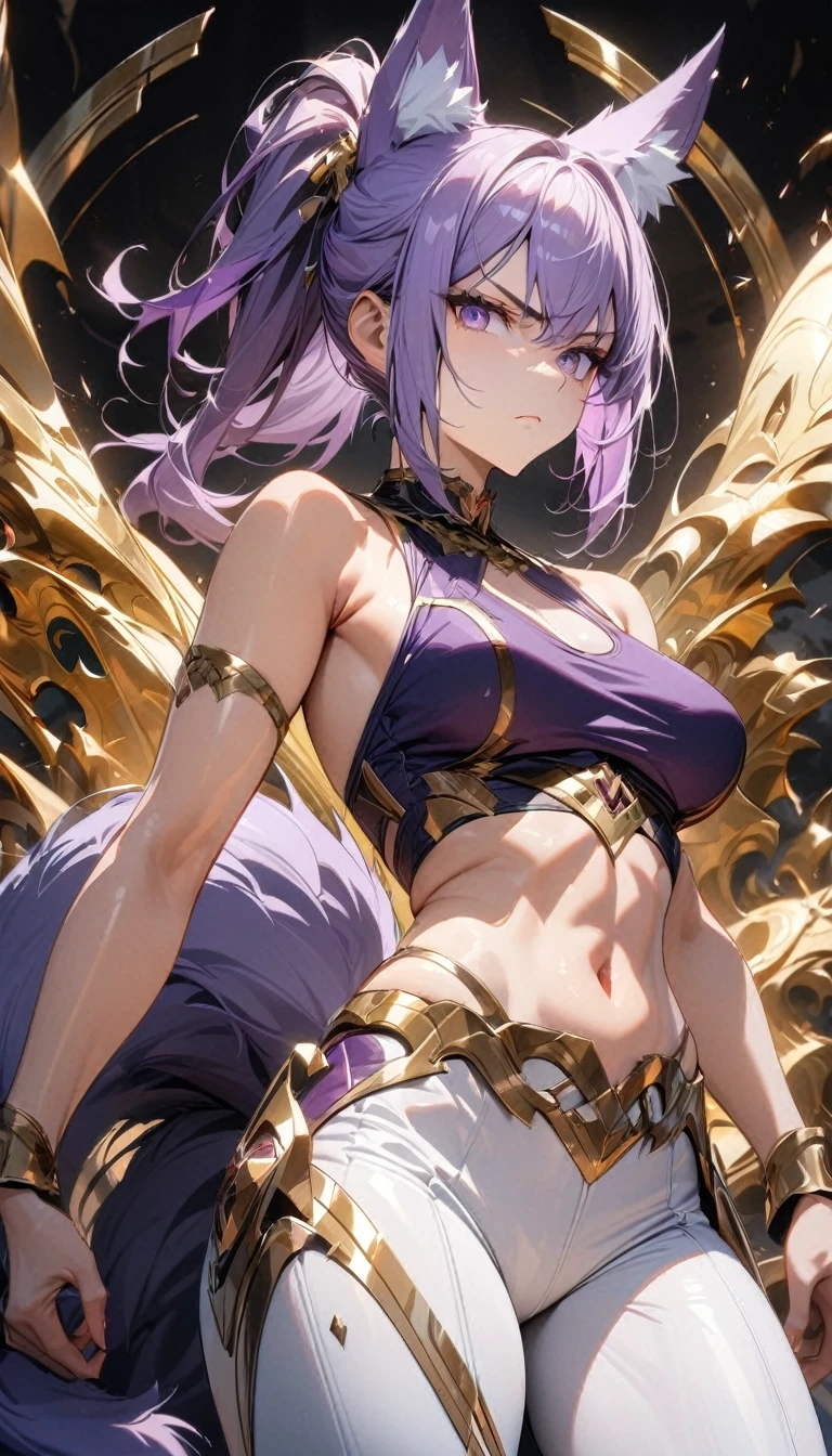 Adult woman, short purple hair, high ponytail, fox ears, purple eyes, fox tails, small muscles, white tight pants, purple tight top, sleeveless, open belly, wide neckline, golden elements, serious look, Masterpiece, best quality, Full HD, 8k, ultra details, great graphic