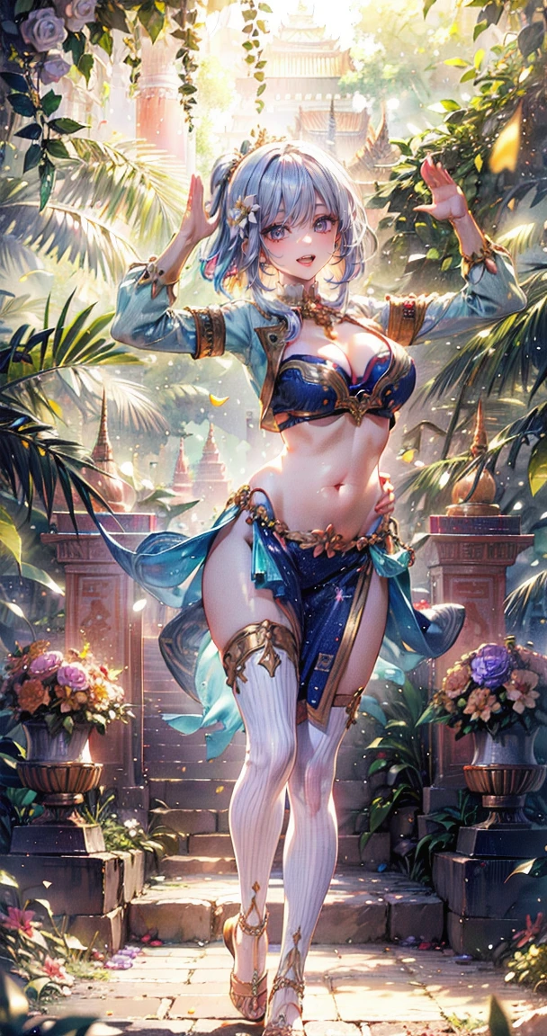 (Masterpiece:1.5), (((High qualityสุด, best quality, High quality))), ((complicated details, very detailed, Crazy details)), height, 32ก, Extremely detailed CG 8K unity wallpaper., (beautiful and beautiful:1.2),, (depth of field:1.3), (Flawless.:1.3), (Delicate depiction of details:1.4),
(((Abundant natural light, Delightful bright colors))), (Ambient volumetric backlight:1.5),  (Illustration of an extremely beautiful young woman:1.3),
(upper body:1.4), (perfect center:1.4), (Natural willow pose:1.5), (((dynamic poses, movie corner))),
(1milf:1.5), (alone:1.4),
beautiful beautiful face, [(detailed face:1.2):0.2], Bright eyes, Pure Rose Face_v1, ulzzang-6500-v1.1,  (gag:1.5), (red lips:1.4), (full lips:1.4), (smile:1.3),
Flawless attractive body, (((The feminine curves are pronounced.))), Skin glows brightly., realistic skin, hair follicles, (((Tightening belly, navel, Groin:1.3))),
(((Golden thread flutters.))), (Fringed tassels:1.3), (Tight long sleeves:1.4), (Single neck), (The invention shines.:1.5), (Elegant and intricate clothing accessories:1.5), (Embroidery work decorated with gems:1.4), (sparkling clothes:1.4), (sparkling particles:1.3), (((The front seam is sagging., Sagging back seam))), (((earring, armband, Hair clips, hair accessories))), (Stand alone in a magical outdoor garden decorated with gems and colorful exotic flowers and shrubs.:1.5), (Outside the great ancient palace:1.5), (((full body))),(((ขับnavel,List of dances,Thai Dance)))