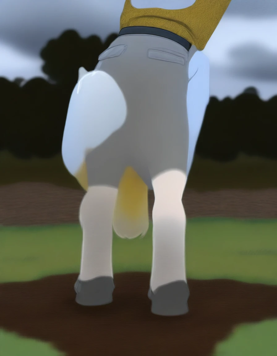 looking down at full rear view (visible bum, anus, legs, hooves, body, head) of a fat grey shire horse bum. short horse penis squirting huge quantity of yellowish urine from tip of short penis, flooding the ground under horse. 5 very large piles of horse manure a around horse. standing on grass. horse bum and anus jetting clouds of yellow gas. anatomically correct horse