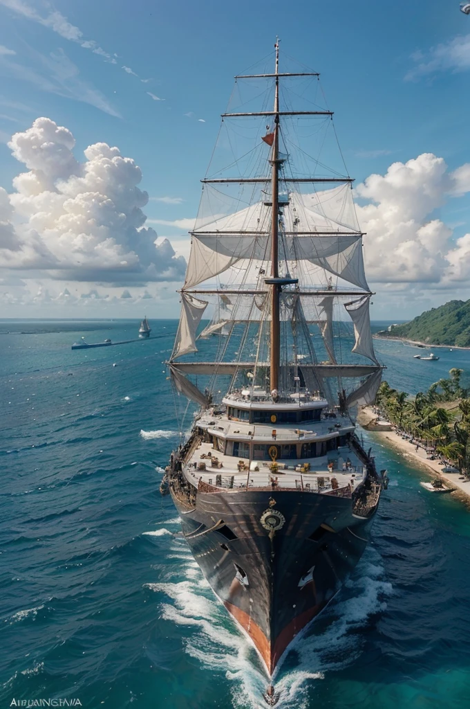 ((best quality)), ((masterpiece)), (detailed), perfect face
"An image of Srivijaya's grand naval fleet protecting its maritime routes, with a backdrop of lush tropical landscapes and the empire’s impressive architecture."