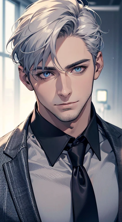 (best quality,4k,8k,highres,masterpiece:1.2),ultra-detailed,(realistic,photorealistic,photo-realistic:1.37),1 man,31 years old,mature man,very handsome,without expression,smile,short grey white hair,blue eyes,penetrating gaze,perfect face without errors,imposing posture,businessman,office background,cinematic lighting,hdr image