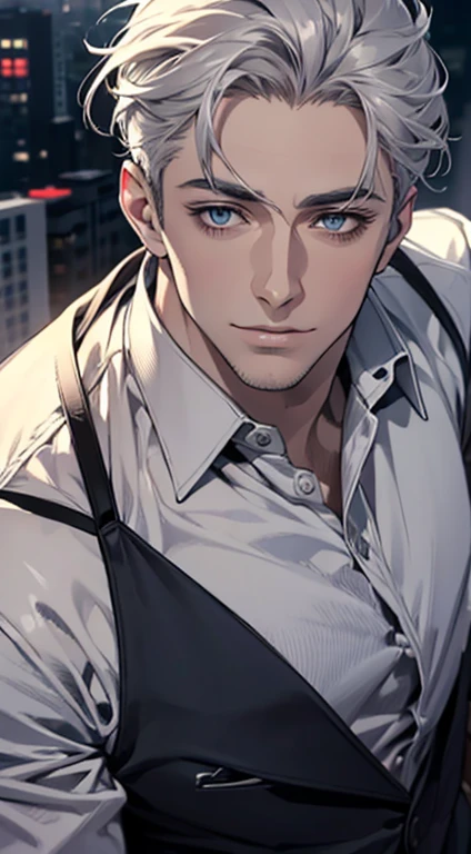 (best quality,4k,8k,highres,masterpiece:1.2),ultra-detailed,(realistic,photorealistic,photo-realistic:1.37),1 man,31 years old,mature man,very handsome,without expression,smile,short grey white hair,blue eyes,penetrating gaze,perfect face without errors,imposing posture,businessman,office background,cinematic lighting,hdr image