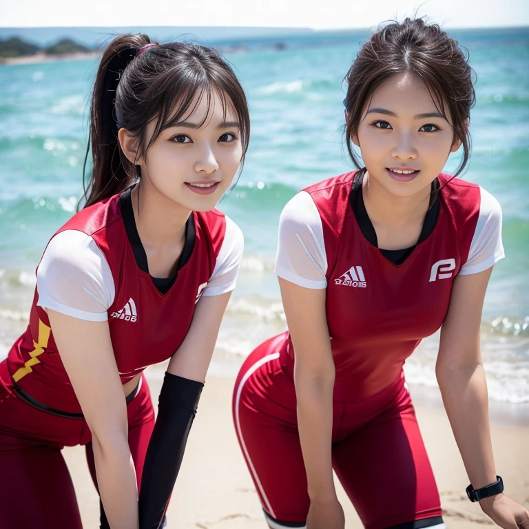 (2 beautiful Korean women volunteers, age 28, wearing White Tight Lightweight Synthetic Korea Volleyball Jersey, Red Spandex Shorts, Braces and Knee Pads, gathering ocean debris, Early Dawn On The Beach, thoughtful expressions, kind smile, dimpled chins, cute snaggle-tooth, short hair ponytail, symmetrical face, beautiful detailed face, beautiful detailed eyes, perfect body proportions, ample round bosoms, photorealistic, hyper-realism, high contrast, ultra HD, realistic skin textures, top image quality, top-quality, super high resolution, fine details, very meticulously, masterpiece, head to knees, The Cowboy Shot, bokeh background) #WorldOceansDay