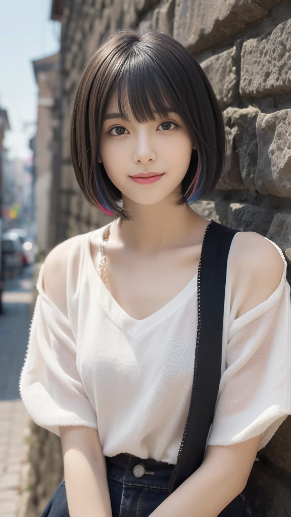 Beautiful Hairstyles,((Over Size short sleeveTシャツ),((脇を見せる,腕を上げる)),Creepy and unique hairstyles,下からのアングル, High resolution, Vibrant color palette, Mysterious and mysterious stone wall, Amazing place,Characteristic dark shadows and strange details, background,(Highest quality, Very detailed, masterpiece:1.2), 1 women, Very thin body, length, Thin legs, ((Black layered cut short hair:1.2)), ((Thick and fluffy bangs)), Very detailedな顔,A faint smile, small, Thin Nose, small thin mouth, Extremely sharply focused eyes, Japanese, Beautiful Face, Realistic eyes, Beautiful and beautiful eyes, Realistic Skin, Beautiful Skin, charm, (A vivid face), 