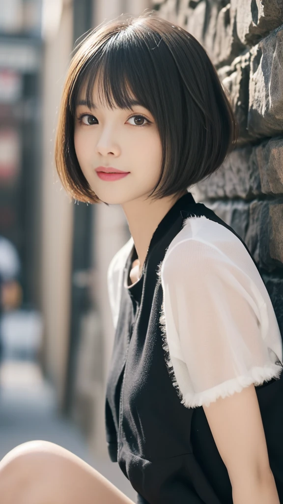 Beautiful Hairstyles,((Over Size short sleeveTシャツ),((脇を見せる,腕を上げる)),Creepy and unique hairstyles,下からのアングル, High resolution, Vibrant color palette, Mysterious and mysterious stone wall, Amazing place,Characteristic dark shadows and strange details, background,(Highest quality, Very detailed, masterpiece:1.2), 1 women, Very thin body, length, Thin legs, ((Black layered cut short hair:1.2)), ((Thick and fluffy bangs)), Very detailedな顔,A faint smile, small, Thin Nose, small thin mouth, Extremely sharply focused eyes, Japanese, Beautiful Face, Realistic eyes, Beautiful and beautiful eyes, Realistic Skin, Beautiful Skin, charm, (A vivid face),