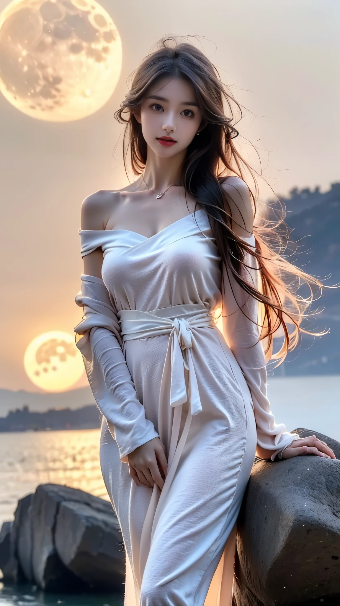 Senji,1 woman,long hair,pink hair,purple eyes,very long hair,hair_decoration,Pink kimono, ((bare shoulders)), ((whole body)), In fact, fashion girl, red lips, mature woman, cosmetics, big eyes, beautiful eyes, ((whole body)), ((from below)), (best quality, masterpiece:1.2), very detailed, (In fact:1.37), ((sexy long legs)), beautiful, young and energetic, Attractive models, big bust, split, (delicate eyes, detailed lips, extremely delicate eyes), Show me a bright smile, Create cool girl images, disapproval, very high saturation, official art, very detailed CG 통합 8k 벽지,(high dynamic range :1.4), (cinematic),(pastel colors, dull color, calm tone :1.3), (natural skin texture, ultra-In fact, soft light, sharp),(very detailed), night, moon, ((In the mountains, plant, leaning against a rock))