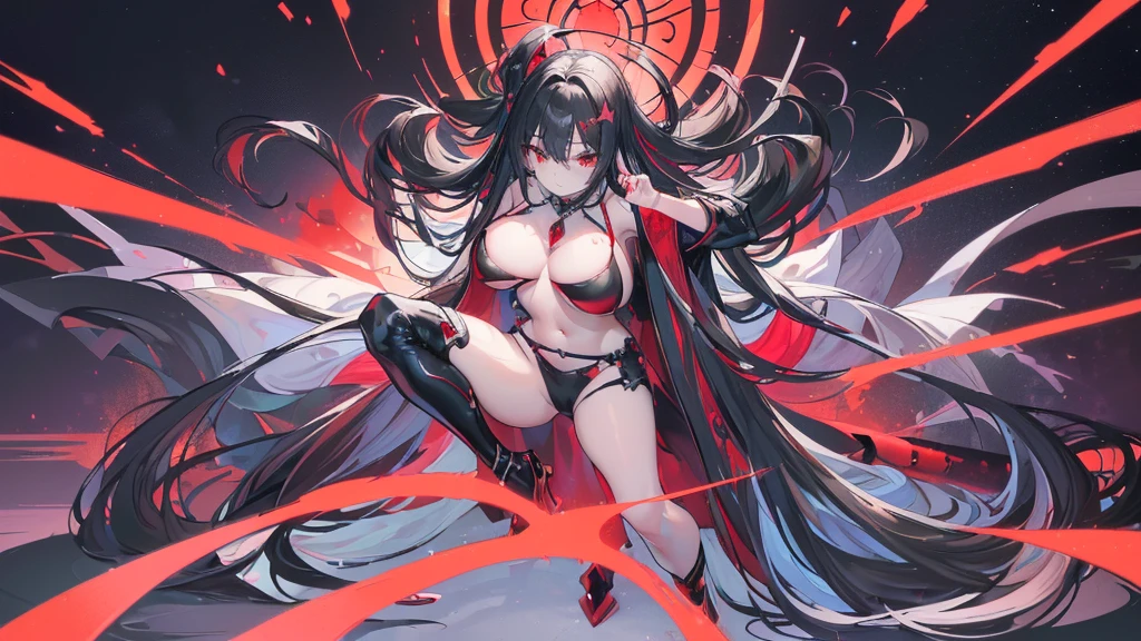 (Exquisite eyes),(Clear and beautiful eyes:1.61),masterpiece, ung girl,(Black clothes and some red gems), Black long hair, (She has a huge red gem on her chest), Good Hand,((The Havoc of StarCraft)),full-body shot,Fighting Stance,(Red Eyes:1.466),short and small,(Very big breasts:1.35),(Pretty Face),(full-body shot:1.33),Beautiful hands