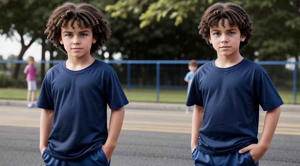 Photorealistic representation of a 10-year-old boy with curly blond hair, bangs covering his forehead and large, expressive blue eyes. The boy is partially dressed in a navy blue , consisting of a long-sleeved shirt and matching pants. He is dancing hip hop in the school yard. The hopeful and melancholy atmosphere. Depicting the mid-90s, meticulously capturing the other kids watching in the background.