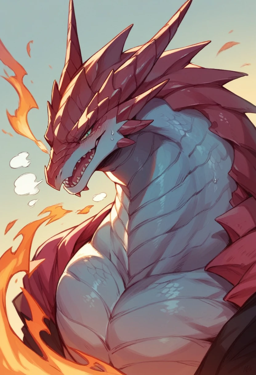 A massive dragon with scales like crimson steel, breathing fire that seems to burn with an inner darkness.