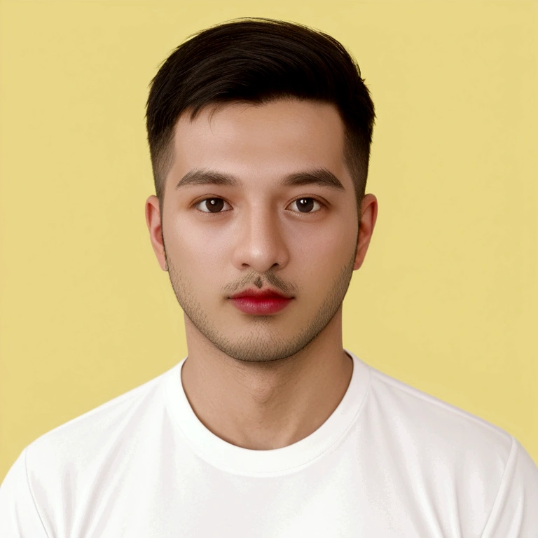 Man in his 30s、Berry Shortcut、Black Hair、Yellow background、Portrait、Looking at me、T-Shirts、