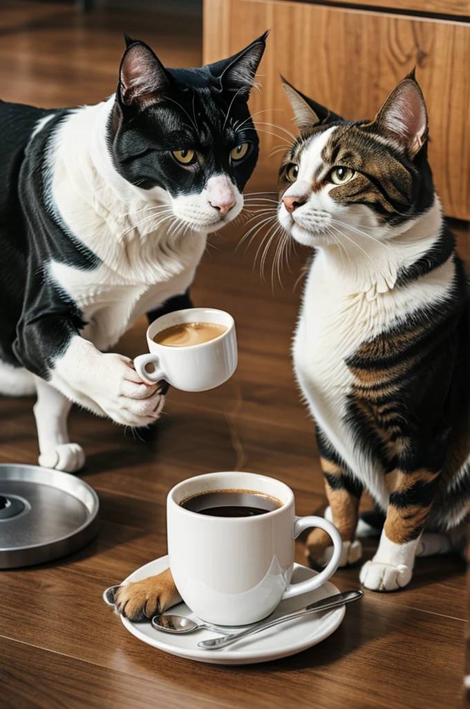 A dog and a cat, having a cup of coffee